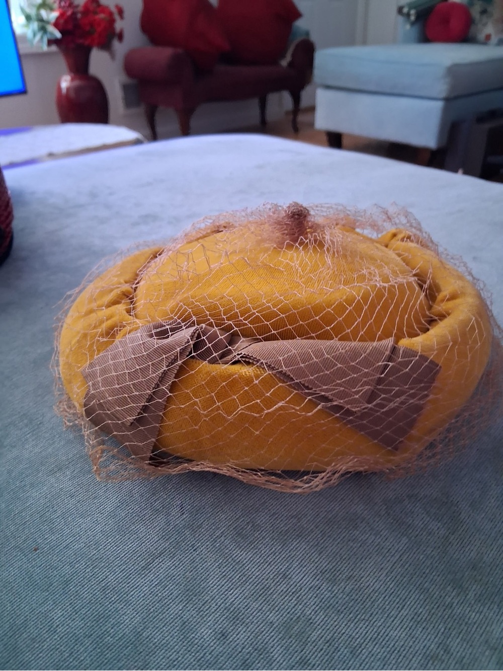 Vintage Mustard Yellow Wool Pillbox Hat with Brown Bow